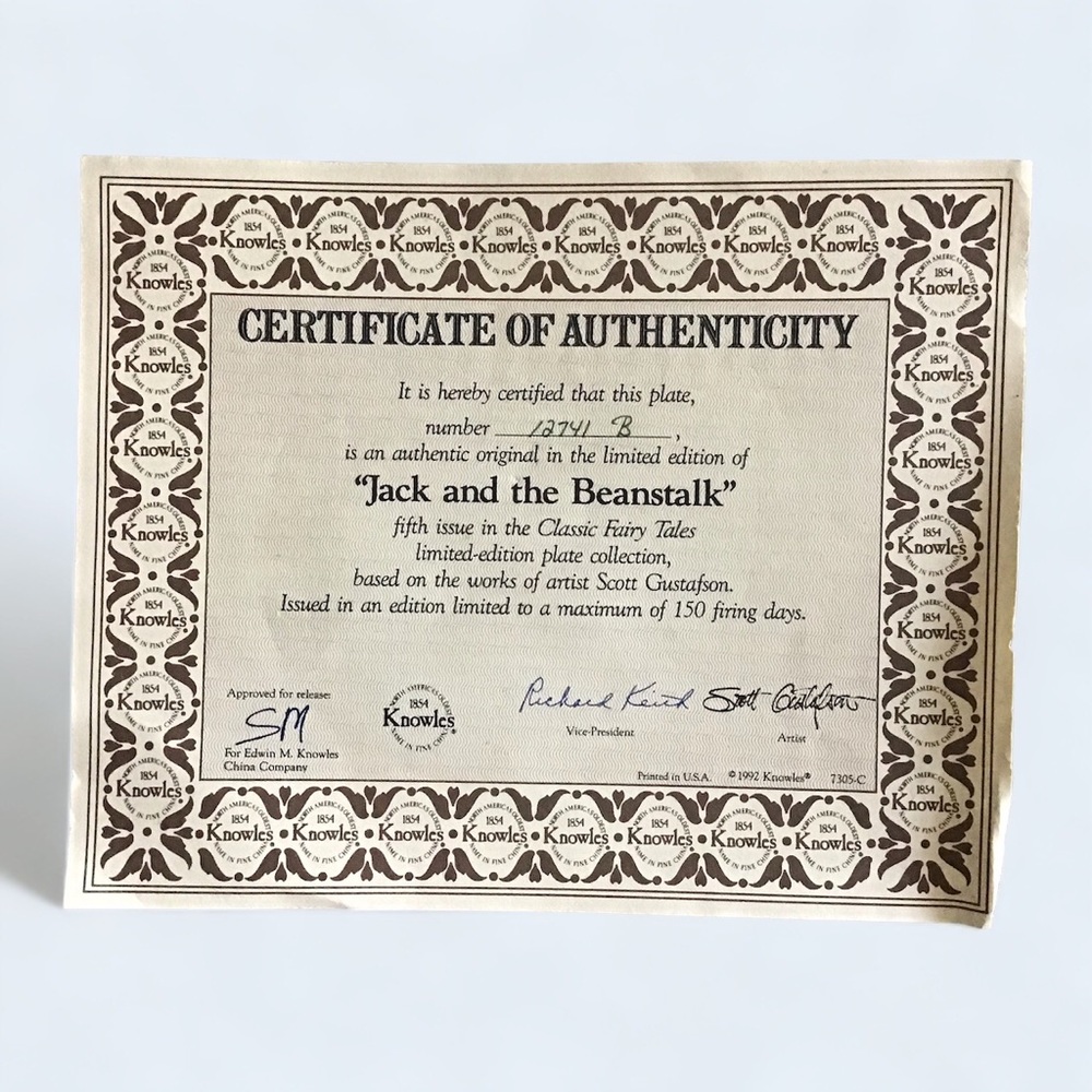 KNOWLES “Jack and the Beanstalk“ Collector’s Plate 22K Gold Rim COA 8.5” diam. - Picture 3 of 6